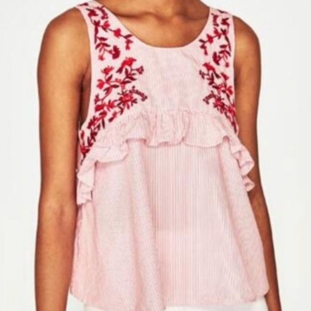 Zara Trafaluc collection embroidered pin striped sleeveless ruffled crop…
